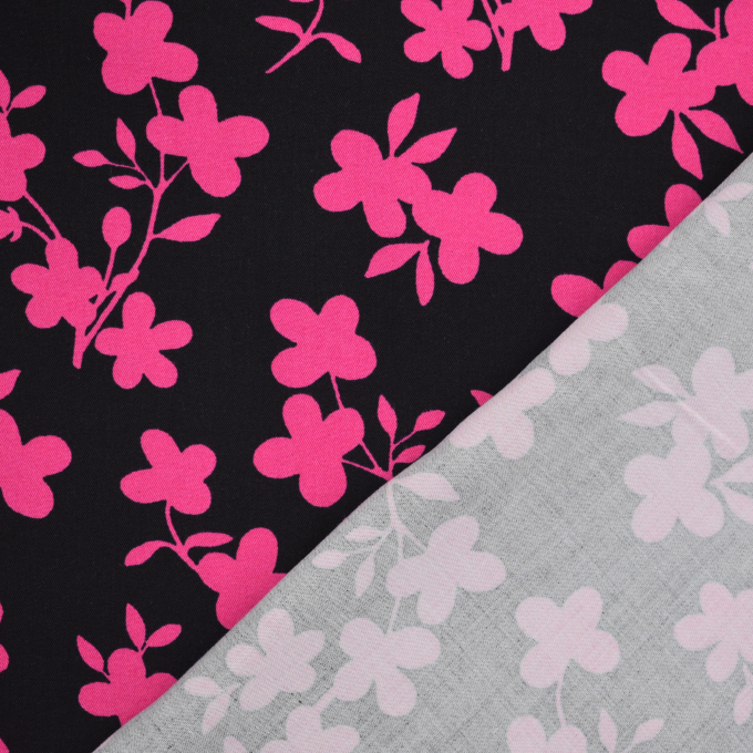 Tissu viscose sergé twill stretch Fleurs Flower shades, noir