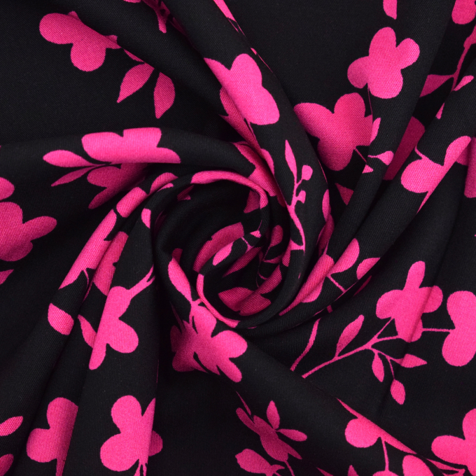 Tissu viscose sergé twill stretch Fleurs Flower shades, noir