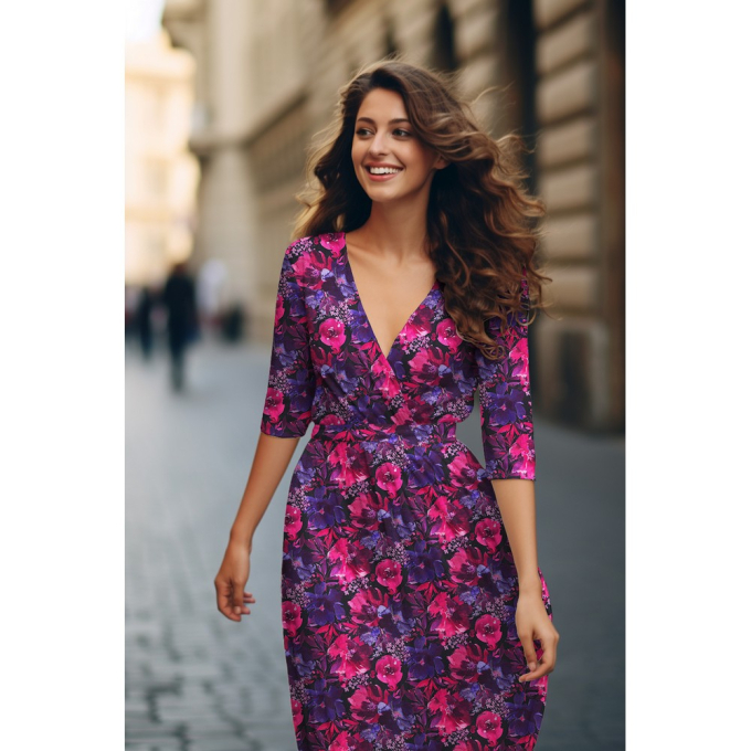 Viscose stretch twill Flowers, navy blue