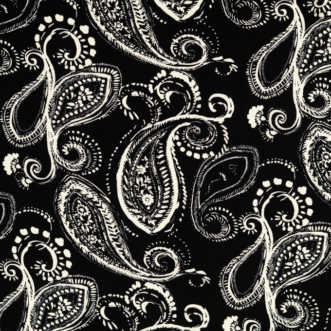 Tissu viscose sergé twill motif cachemire Paisley, noir