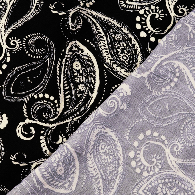 Tissu viscose sergé twill motif cachemire Paisley, noir