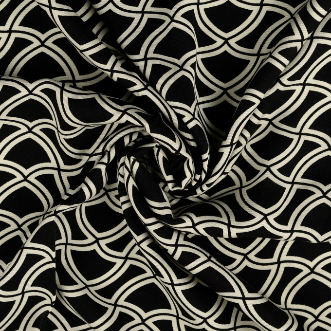 Tissu viscose sergé twill Vintage géométrique Retro Lines, noir