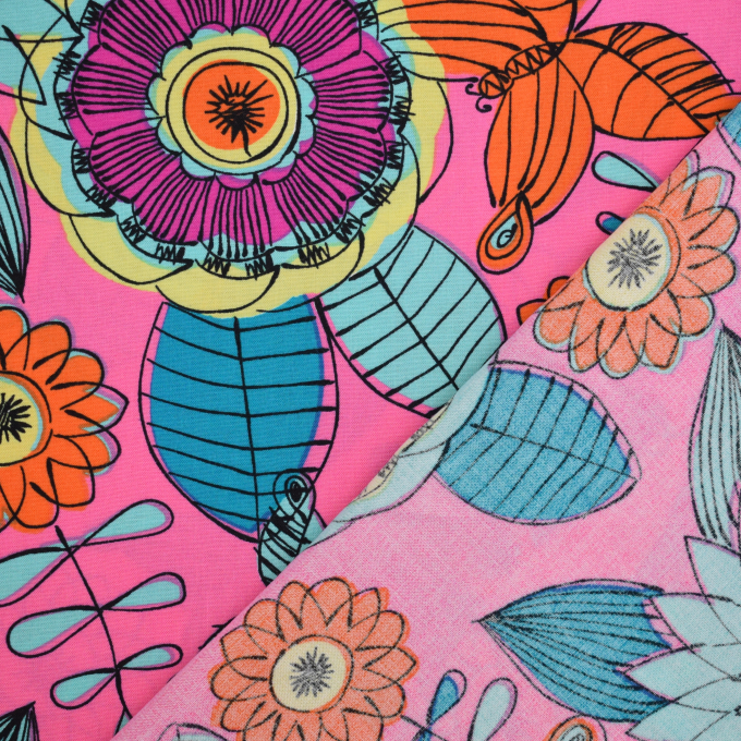 Tissu voile de viscose Fleurs Flower Bomb, fuchsia clair