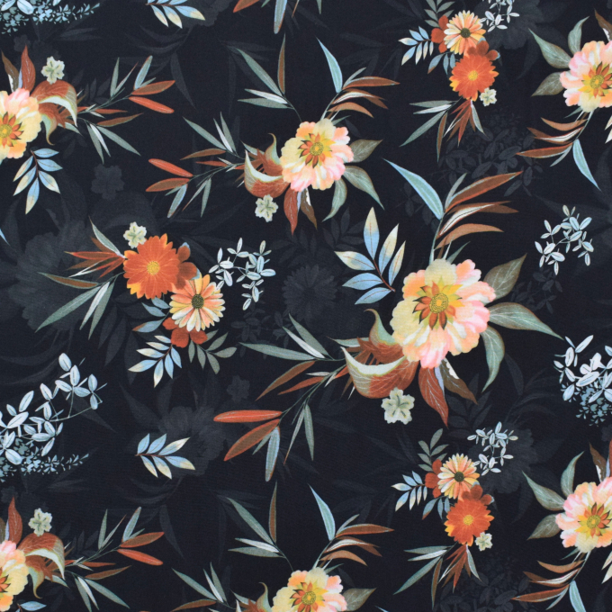 Viscose voile Flower Love, navy blue