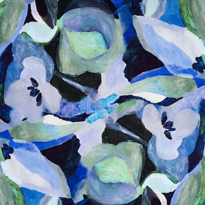 Viscose jersey abstract flowers, blauw