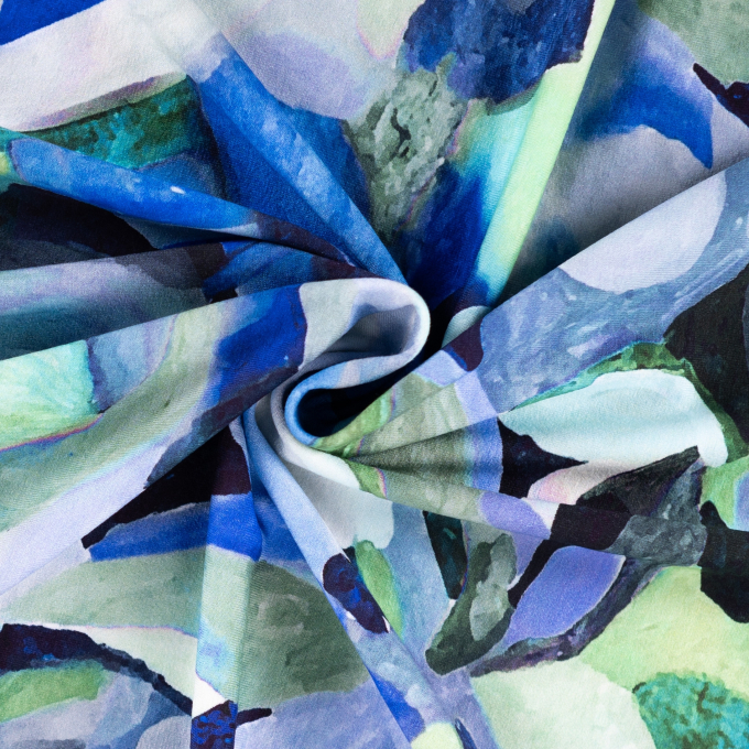 Viscose jersey abstract flowers, blauw