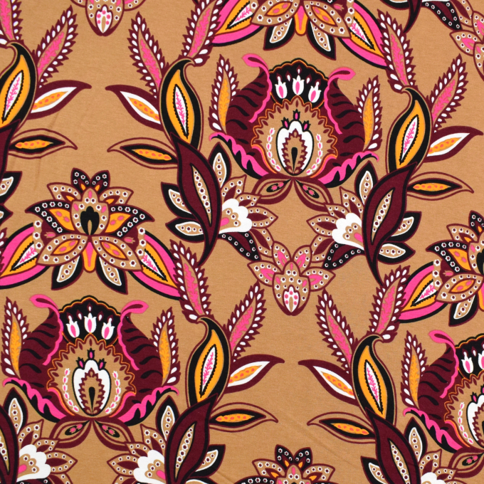 Tissu jersey viscose Motif cachemire Paisley Flowers, caramel