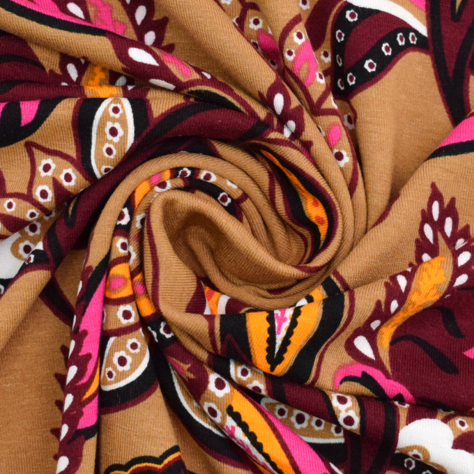 Tissu jersey viscose Motif cachemire Paisley Flowers, caramel