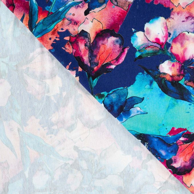 Tissu jersey viscose watercolor flowers, bleu