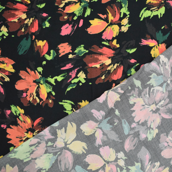 Tissu viscose Fleurs Autumn Flowers, noir