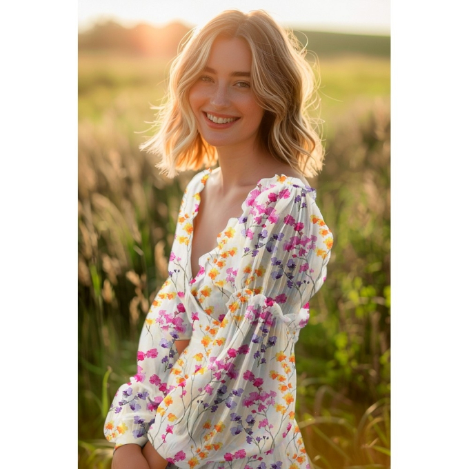 Viscose stof bloemenzee, vanille