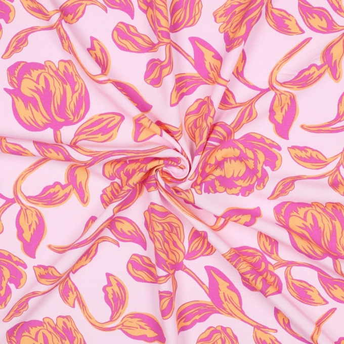 Viscose stof flowers, roze