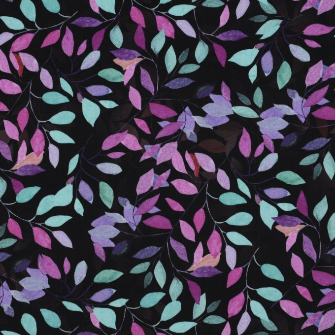Viscose stof Color Leaves, zwart