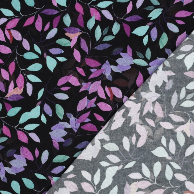 Viscose stof Color Leaves, zwart