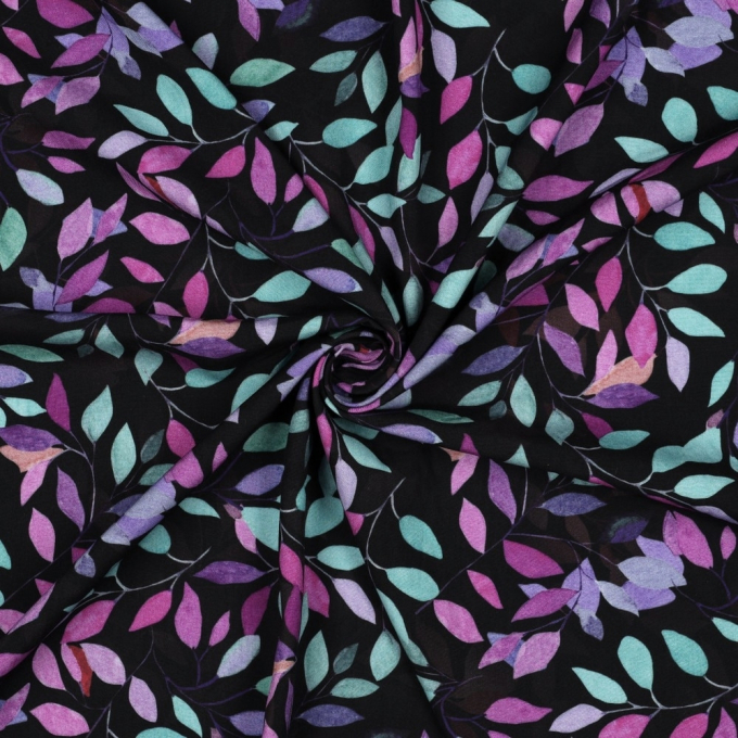Viscose stof Color Leaves, zwart