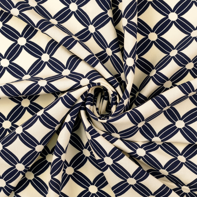 Viscose stof Flower Cubes, marineblauw