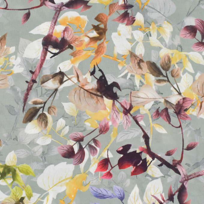 Viscose stof Aquarell Flowers, oudgroen