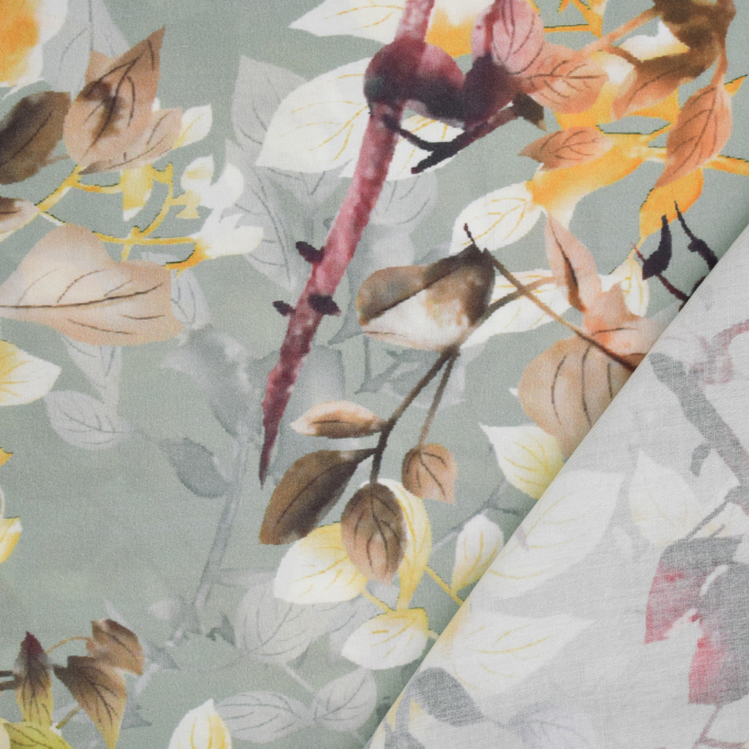 Viscose stof Aquarell Flowers, oudgroen