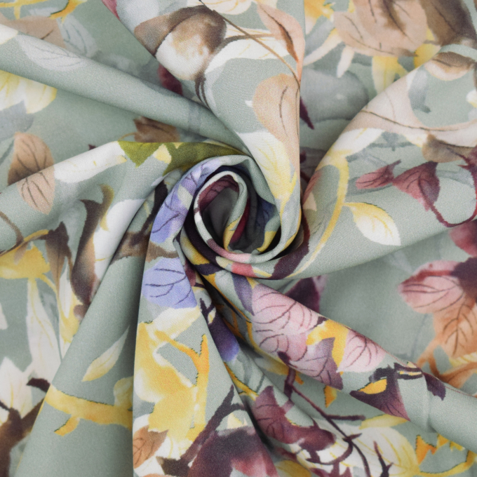 Viscose stof Aquarell Flowers, oudgroen