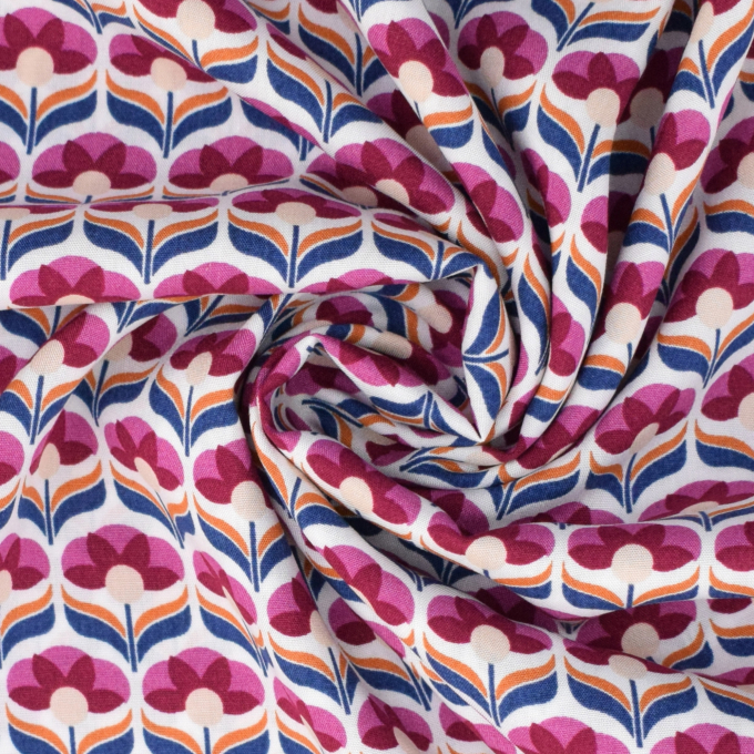Tissu viscose Vintage Fleurs Retro Flowers, blanc cassé