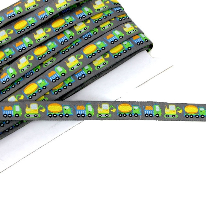 Ruban tissu tissé, 1,5cm, Engins de chantier, gris