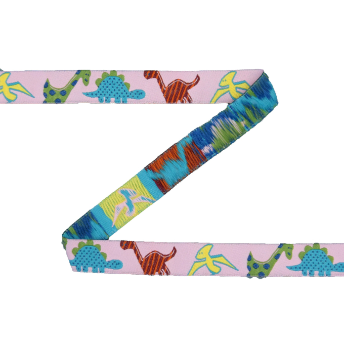 Ruban tissu tissé, 1,7cm, Dinosaures, rose