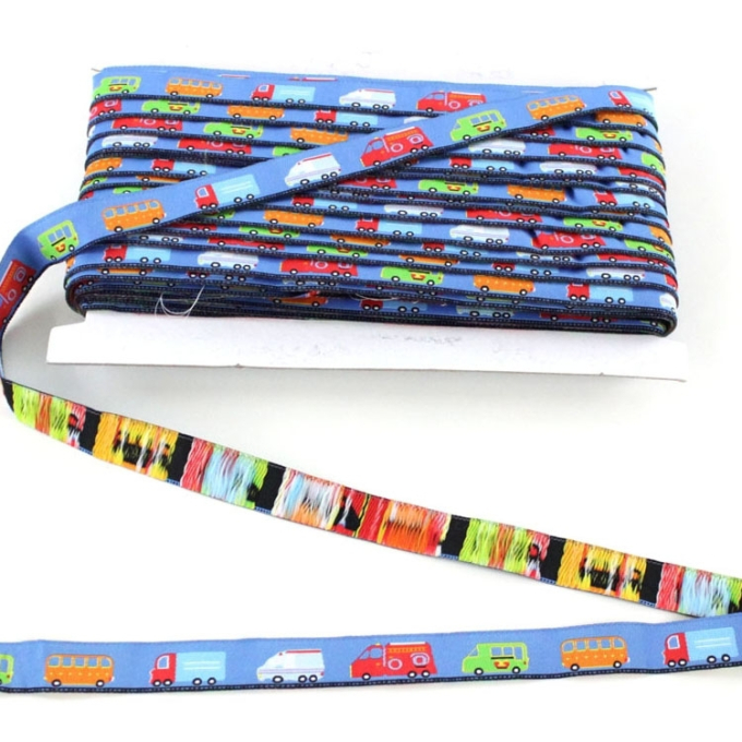 Ruban tissu tissé, 1,5cm, Camions de pompiers, blanc