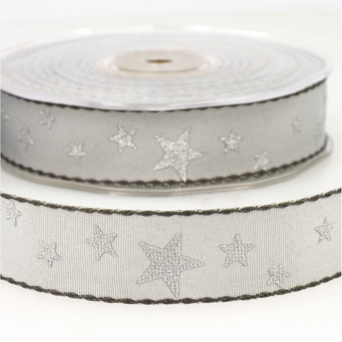 Ruban tissu tissé, 2,5cm, Étoiles argentées, gris clair