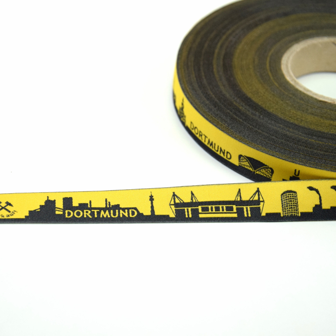 Ruban tissu tissé, 1,6cm, Skyline Dortmund, noir-jaune