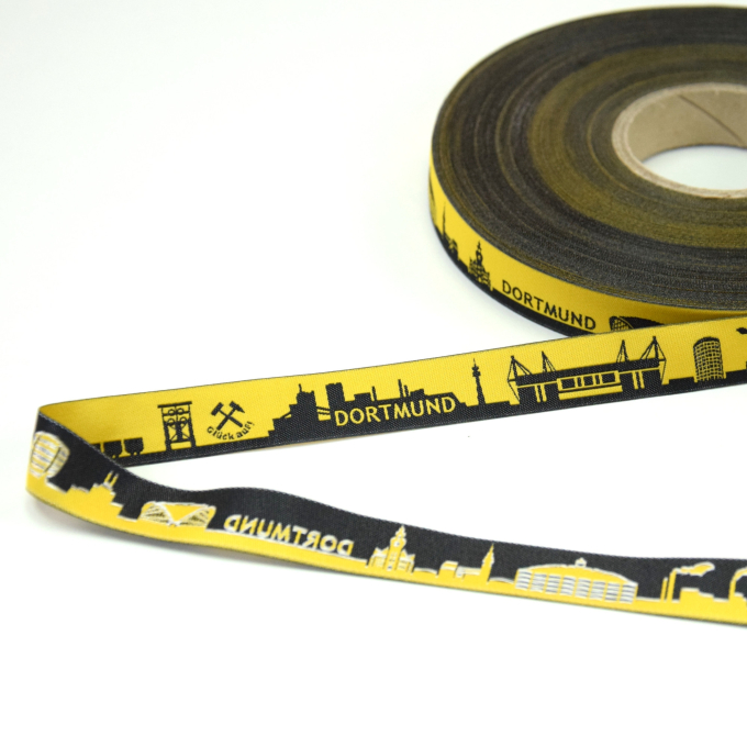 Ruban tissu tissé, 1,6cm, Skyline Dortmund, noir-jaune
