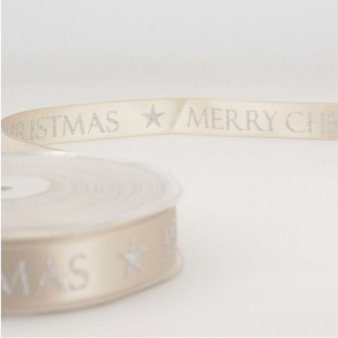 Ruban tissu tissé, 1,5cm, Joyeux Noël Merry Christmas, beige clair