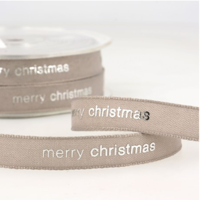 Ruban tissu tissé, 1,2cm, Joyeux Noël Merry Christmas, taupe