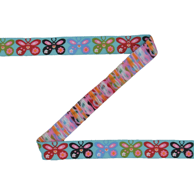 Ruban tissu tissé, 1,7cm, Papillons, turquoise