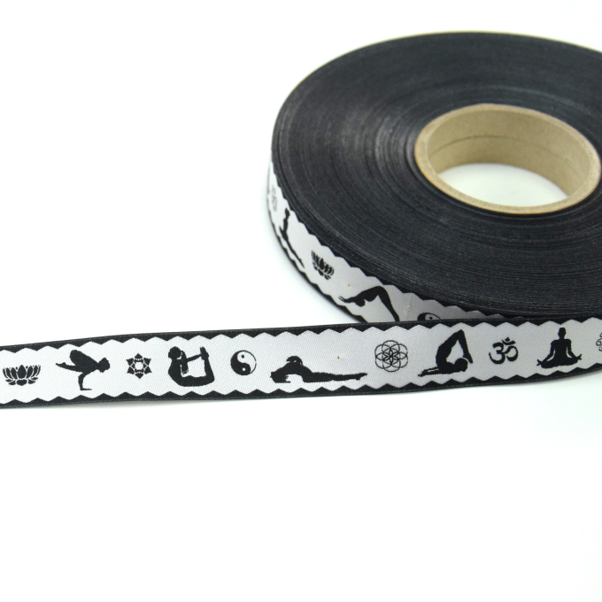 Ruban tissu tissé, 2cm, Yoga asana, noir-blanc