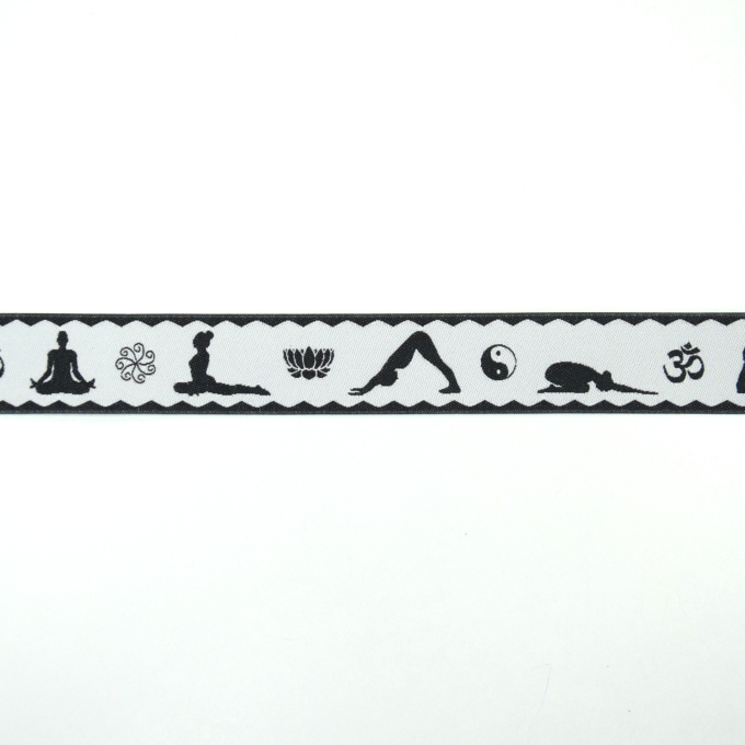 Ruban tissu tissé, 2cm, Yoga asana, noir-blanc