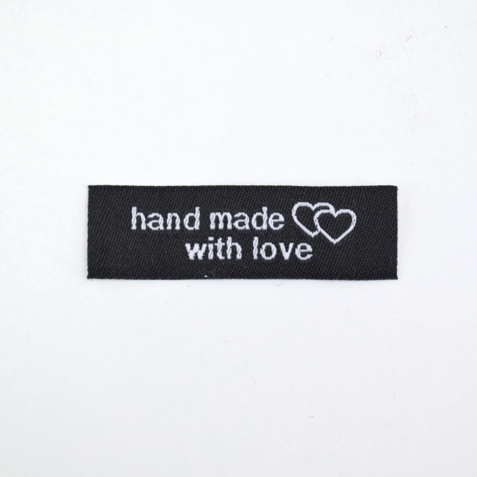 Étiquette vêtement à coudre Handmade with love 5x1,5cm, noir
