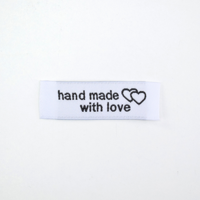 Étiquette vêtement à coudre Handmade with love 5x1,5cm, blanc