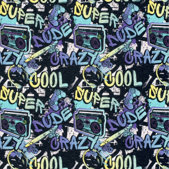 Tissu sweat molleton Super cool Musique, noir