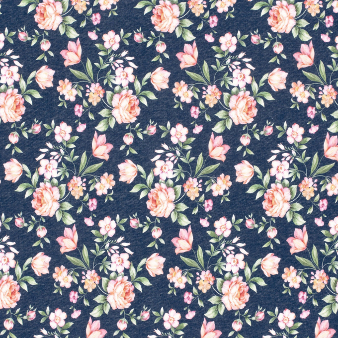 Tissu sweat molleton Roses, bleu denim
