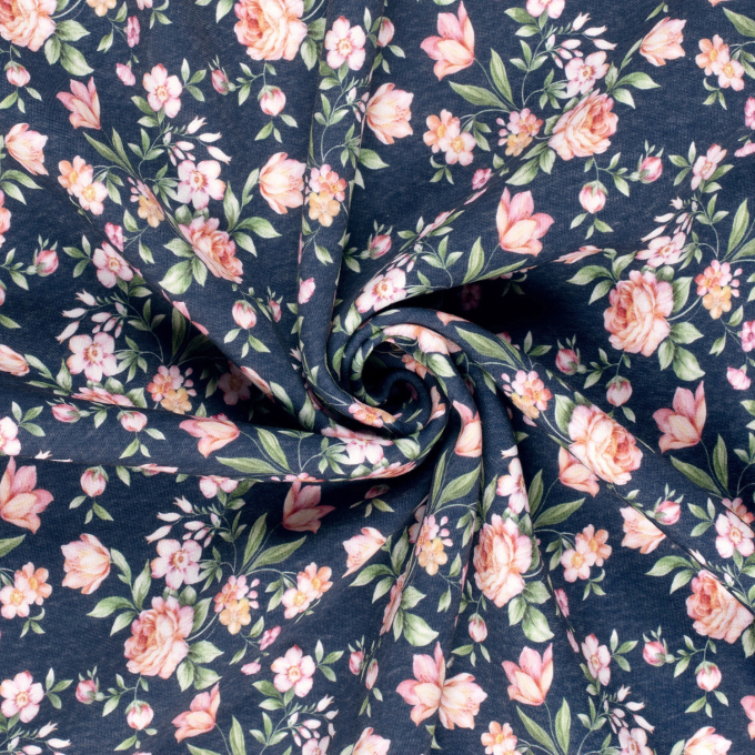 Tissu sweat molleton Roses, bleu denim