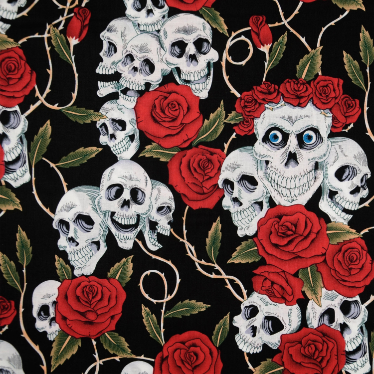 Cotton fabric Skulls and Roses, black | Fabrics Hemmers