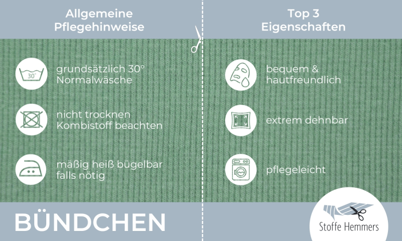 Bündchenstoff - Allgemeine Pflegetipps und Top-Eigeneschaften - Stoffe Hemmers Infografik
