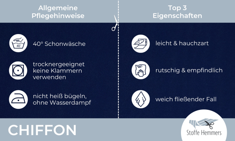 Chiffon - Allgemeine Pflegehinweise und Top-Eigenschaften - Stoffe Hemmers Infografik