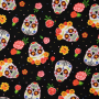 Tissu coton popeline têtes de mort et fleurs Halloween Flower Skull Mix, noir