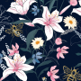 Tissu jersey de coton panneau Malomi Bordure fleurie, bleu foncé 150 x 98 cm