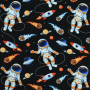 Tissu jersey de coton cosmonautes et fusées dans l'espace, noir