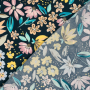 Tissu satin de coton stretch Fleurs Flowers, bleu marine