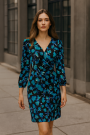 Viscose satin abstract flowers, teal